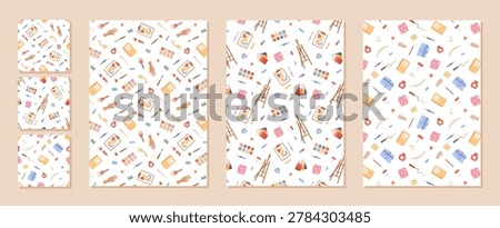 Cute cartoon art tool seamless pattern set . Collection of artist equipment as brush, pencil and paintbrush with palette and watercolor. Color painting background for creative school class or
