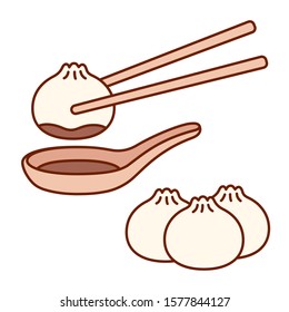 Cute cartoon Asian dumplings drawing with chopsticks and dipping sauce. Traditional Chinese and Japanese food vector illustration set.