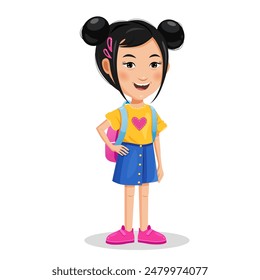 Cute cartoon asian girl character with backpack.	