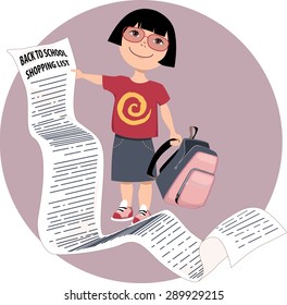 Cute Cartoon Asian Girl Holding A Very Long Back To School Shopping List, Vector Illustration, No Transparencies, EPS 8