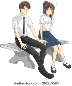 Cute cartoon Asian Thai college student and high schoolgirl couple in school uniform is expressing teenage love as a boyfriend and girlfriend on the bench in isolated background, create by vector