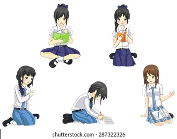 Cute cartoon Asian Thai schoolgirl students in government, convert, and international high school uniform in casual learning and studying icon collection set, create by vector