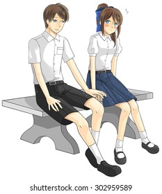 Cute cartoon Asian Thai student couple in government high school uniform is expression teenage love as a boyfriend and girlfriend on the bench in isolated background, create by vector