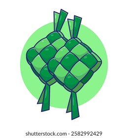 Cute cartoon asian traditional food of Ketupat illustration with flat style concept celebrate eid mubarak