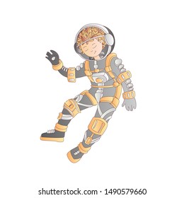 Cute cartoon asrtonaut girl floating in space vector illustration. Girl in space helmet among stars, in deep cosmos. Cartoon astronaut girl in space suit. Cartoon sketch cosmonaut girl vector