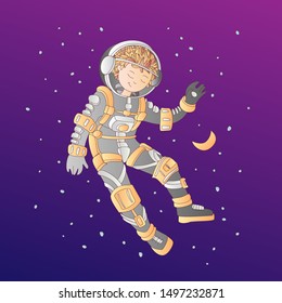 Cute cartoon asrtonaut girl floating in space vector illustration. Girl in space helmet among stars, in deep cosmos. Cartoon astronaut girl in space suit. Cartoon sketch cosmonaut girl vector