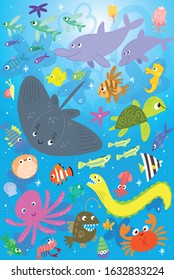 Cute Cartoon of Assorted Sea Creatures Vector