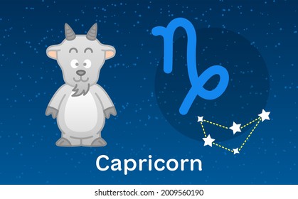 Cute cartoon Astrology of Capricorn zodiac with Constellations sign. Vector illustration on the stars sky background for your design