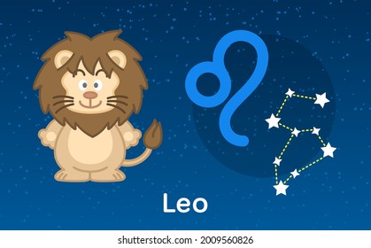 Cute cartoon Astrology of Leo zodiac with Constellations sign. Vector illustration on the stars sky background for your design
