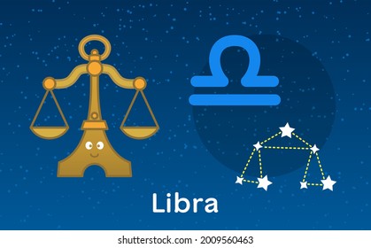 Cute cartoon Astrology of Libra zodiac with Constellations sign. Vector illustration on the stars sky background for your design
