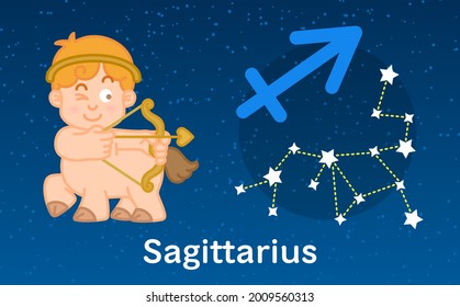 Cute cartoon Astrology of Sagittarius zodiac with Constellations sign. Vector illustration on the stars sky background for your design