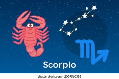 Cute cartoon Astrology of Scorpio zodiac with Constellations sign. Vector illustration on the stars sky background for your design
