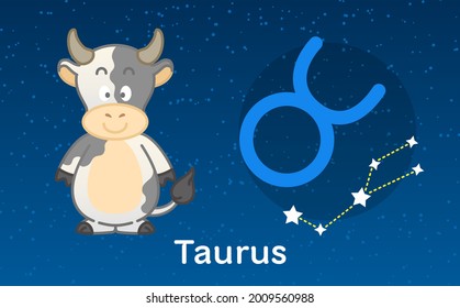 Cute cartoon Astrology of Taurus zodiac with Constellations sign. Vector illustration on the stars sky background for your design

