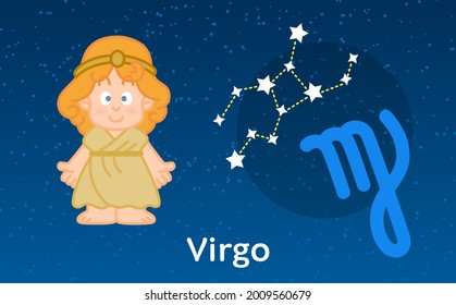 Cute cartoon Astrology of Virgo zodiac with Constellations sign. Vector illustration on the stars sky background for your design