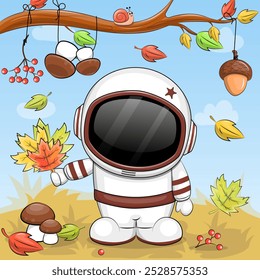 Cute cartoon astronaut with autumn leaves. Vector illustration on a blue background with clouds.