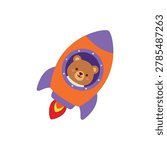 Cute cartoon astronaut bear flying in a colorful space rocket rocketship