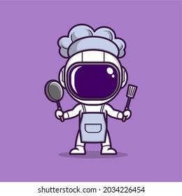 cute cartoon astronaut becomes a chef with a spatula and a frying pan .vector illustration for mascot logo or sticker