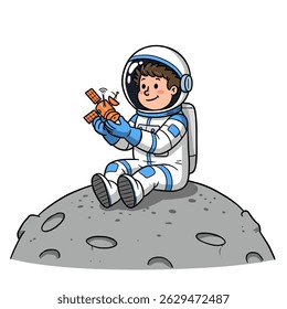 A cute cartoon astronaut with a big mustache sitting on the moon, holding a tiny toy satellite in his hand.