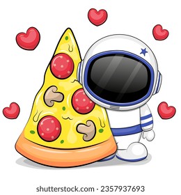 Cute cartoon astronaut with a big piece of pizza. Vector illustration on a white background with red hearts.