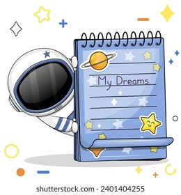 A cute cartoon astronaut and a blue notebook with stickers. Vector illustration of man on a white background with stars, circles.