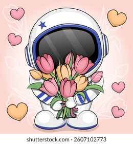 Cute cartoon astronaut with a bouquet of tulips. Vector illustration of an man on a pink background with hearts.