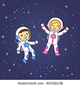 Cute cartoon astronaut boy and girl floating in space. Vector illustration.