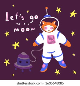 Cute cartoon astronaut cat flying in space with spaceship. Hand drawn style vector illustration.