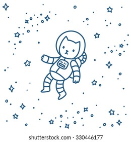 Cute cartoon astronaut cat flying in space. Hand drawn doodle style vector illustration.