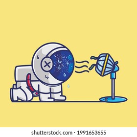 Cute Cartoon astronaut character cooling himself using a blowing fan when summer day and hot weather. Cartoon Flat Style Icon illustration Premium Vector Logo