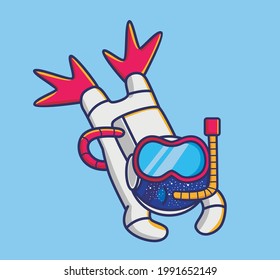 El personaje de la Caricatura Astronauta, buceando buceando en el universo del océano usando gafas y pies de rana durante las vacaciones de verano.