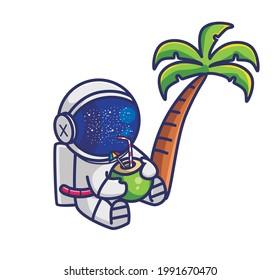 Cute Cartoon Astronauten Charakter trinken frisches Kokoswasser neben Kokospalmen Baum Urlaub Sommerferien Erholung. Flachstil-Symbol, Illustration Premium-Vektorlogo