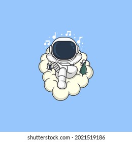 cute cartoon astronaut character relaxing listening to music accompanied by a drink bottle .vector illustration for mascot or logo