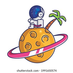 Cute Cartoon astronaut character sitting on moon with planet ring and coconut tree summer holidays alone. Cartoon Flat Style Icon illustration Premium Vector Logo