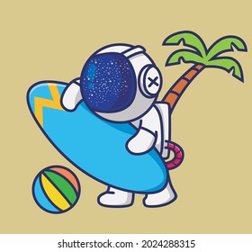 Cute Cartoon astronaut character with surfboard ready for surfing summer holidays vacation in beach with colorful ball and palm coconut tree. Cartoon Flat Style Icon illustration Premium Vector Logo
