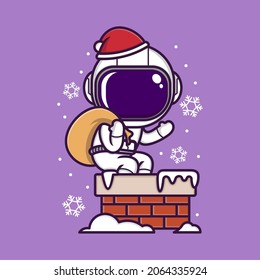 cute cartoon astronaut in christmas chimney. vector illustration for mascot logo or sticker