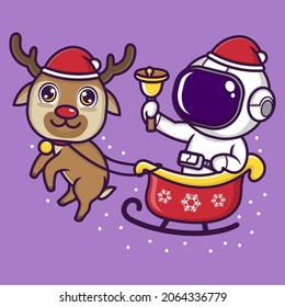 cute cartoon astronaut with christmas deer. vector illustration for mascot logo or sticker