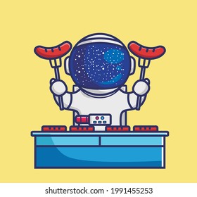 Cute cartoon astronaut cooking bbq  grill sausage for summer holiday camp. Food and Drink Cartoon Flat Style Icon illustration Premium Vector Logo