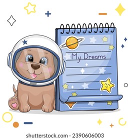 A cute cartoon astronaut dog with a blue notebook with stickers. Vector illustration of an animal on a white background with stars, circles.