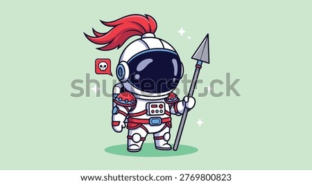 A cute cartoon astronaut dressed as a warrior holding a spear and wearing a helmet with a red plume