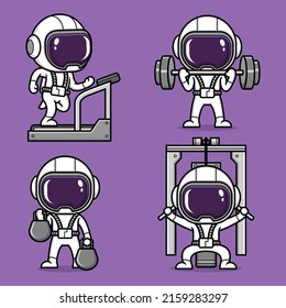 cute cartoon astronaut exercising fitness or gym set collection