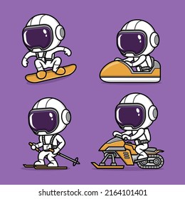 cute cartoon astronaut exercising in the snow