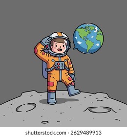 Cute cartoon astronaut with expressive eyes and a curled mustache, sitting on the moon and examining a tiny satellite.