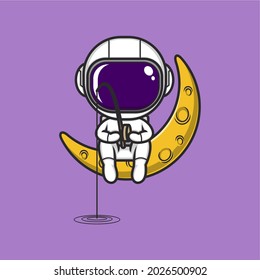 cute cartoon astronaut fishing on the moon. vector illustration for children or mascot logo
