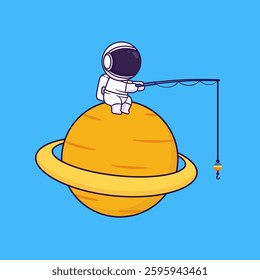Cute cartoon of astronaut fishing on the planet. Vector illustration of joy astronaut in space. Science, hobby and technology concept.