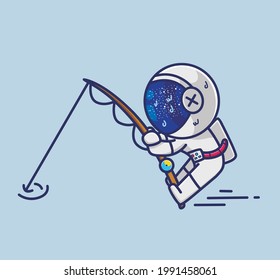 Cute cartoon astronaut fishing at summer holiday. Cartoon Flat Style Icon illustration Premium Vector Logo
