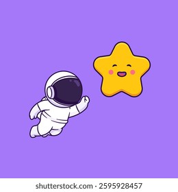 Cute cartoon of astronaut floating on space and reaching a happy star. Vector illustration of astronaut try to reach out dreams. Science and technology concept.