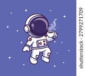 Cute Cartoon Astronaut Floating in Space Holding Coffee Cup Whimsical Vector Illustration
