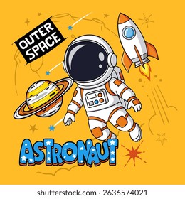 Cute cartoon astronaut floating in space with a rocket and planet.