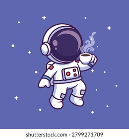 Cute Cartoon Astronaut Floating in Space Holding Coffee Cup Whimsical Vector Illustration