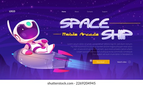 Cute cartoon astronaut flying on rocket in space, mobile arcade landing page. Vector illustration of boy in cosmonaut suit lying on spaceship on starry dark sky background and alien planet landscape